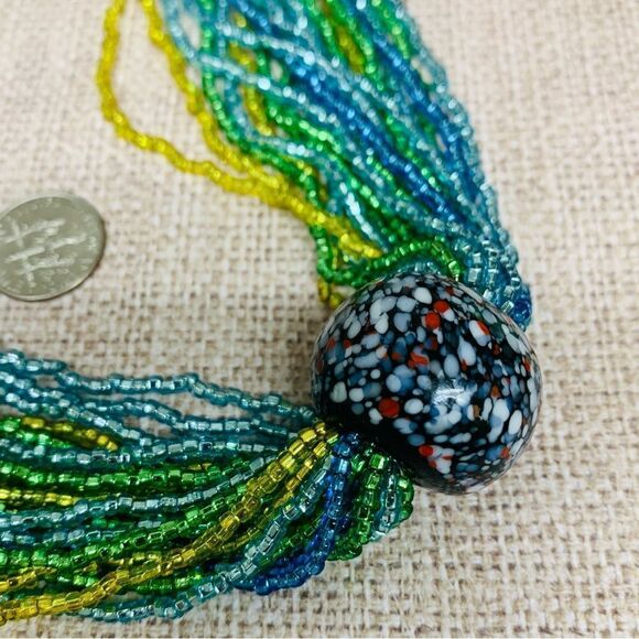 Multi Strand Blue Green Yellow Seed Bead Ceramic Bead Necklace - Picture 2 of 2